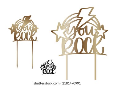 You rock cake topper with bolt and stars. Birthday, musical or any other party versatile decoration cut file vector design with calligraphy text.