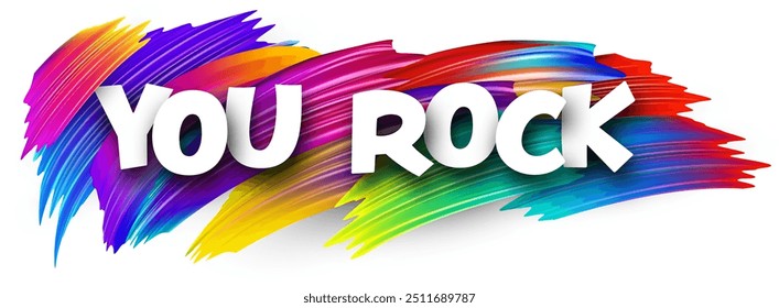 You rock paper word sign with colorful spectrum paint brush strokes over white. Vector illustration.