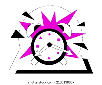 You are running out of time - colorful flat design style illustration with linear elements. A purple colored composition with ringing alarm clock. Deadline, anxiety, planning, work schedule, hours