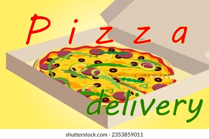 You see an appetizing pizza in a box on a yellow background. Around it is the inscription "Pizza Delivery". The image is suitable for advertising a cafe, shop, bakery as a flyer, business card, banner