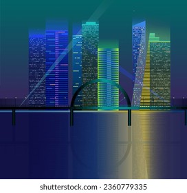 You see the bridge and the city at night. On a dark background, a city landscape with bright and glowing neon multi-colored lights. Reflection of houses in the river, wide view, cyberpunk style 