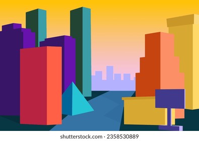 You see a panoramic view of the industrial morning cityscape - sunrise in one of the city courtyards with skyscrapers. Colorful city horizontal landscape. Cartoon