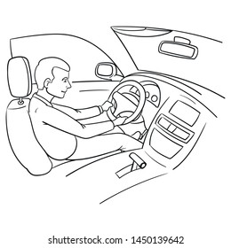 You sit in the car and have your hands on the steering wheel. vector outline drawing. Illustration, doodle, sketch.