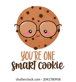 You are a smart cookie - Cute smiling happy cookie with nerd glasses. Cartoon character in kawaii style. Christmas baking. Good for t-shirt, mug, gift. 