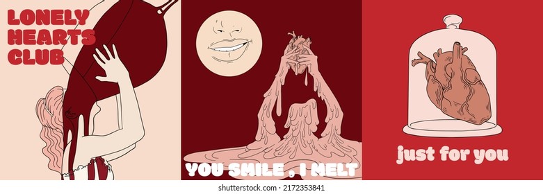 You smile, I melt. Lonely hearts club. Vector set of hand drawn illustration. Creative artwork . Template for card, poster, banner, print for t-shirt, brochure, label.