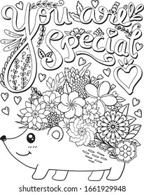 You Are Special Font With Hedgehog Cartoon, Heart And Flowers Elements. Hand Drawn With Inspiration Word. Doodles Art For Valentine's Day Or Greeting Card. Coloring Page For Adult And Kids. Vector.