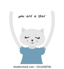 You are a star Kawaii cat girl, closed eyes, pink cheeks, cartoon pet gray blue black isolated on white background. Can be used for greeting card, for your text, fashion print for baby clothes. Vector