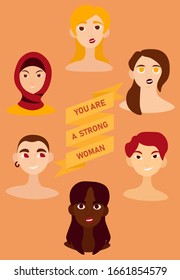 Eres una mujer fuerte. Ilustración vectorial plana, postal, banner, afiche. Feliz Día Internacional de la Mujer