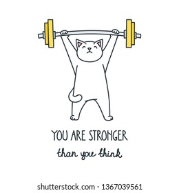 You are stronger than you think. Illustration of athletic cat exercising with barbell isolated on white background. Vector 8 EPS.