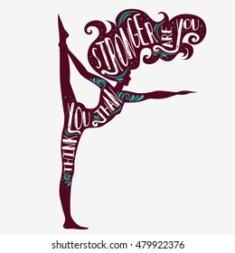 You are stronger than you think.  Motivational and inspirational illustration. For print on T-shirt and bags. Sport/Fitness typographic poster with a girl and quote.