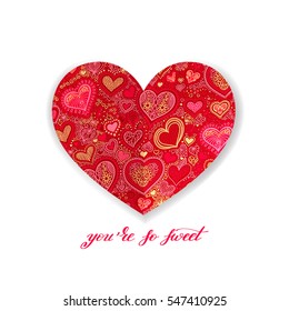 you are so sweet calligraphy design with red paper heart shape hand drawing background to valentines day, vector illustration 