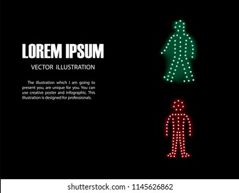 You are text business and technologies infographic write here. Semaphore with silhouette of man. Red - standing, green - walking. Lorem ipsum text.Traffic lights regulating movement of pedestrians.