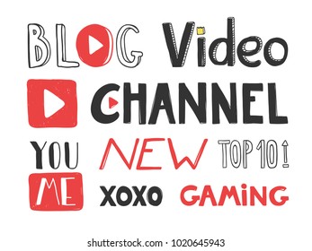 You Tube Video Channel Player. Vlog Or Video Blogging Or Video Channel Buttons Set. Vector Illustration. Flat Social Media Background Sign Download. Play Vector Logo. Icon Stickers