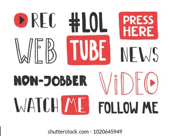 You Tube Video Channel Player. Vlog Or Video Blogging Or Video Channel Buttons Set. Vector Illustration. Flat Social Media Background Sign Download. Play Vector Logo. Icon Stickers