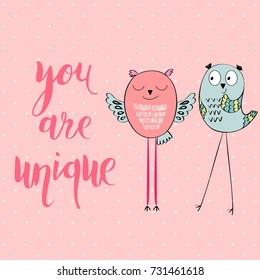 You are unique. Cute Hand Drawn greeting card.