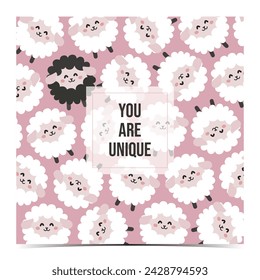 You are unique - cute Valentine's Day, anniversary, engagement greeting card, poster, template, label, flyer with white and black sheep on the pink background