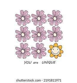 You are unique - hand-drawn quote. Creative lettering illustration with flowers.