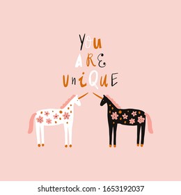 You are unique lettering text with boho unicorn. Folk art horse slovak ornament, swedish style drawing, pastel coloured nordic floral composition, scandinavian flower. Vector image