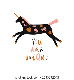 You are unique lettering text with boho unicorn. Folk art horse slovak ornament, swedish style drawing, pastel coloured nordic floral composition, scandinavian flower. Vector image