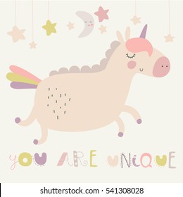 'You are unique' nursery poster with cute pink unicorn in cartoon style