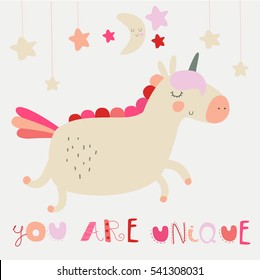 'You are unique' nursery poster with cute pink unicorn in cartoon style