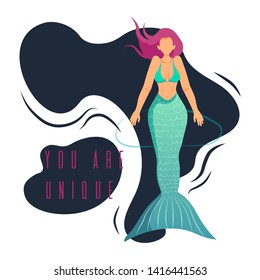 "You are unique" vector lettering with mermaid. Inspirational and motivational phrase in flat style. T-shirts, poster, banner, typography design. 