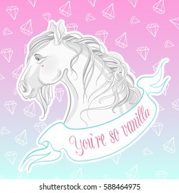 You are so vanilla. Realistic vector illustration in pastel colors. Vanilla style grey colored horse's head sticker on blue-pink brilliant background.