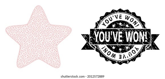 You Ve Won exclamation textured stamp and vector red star mesh model. Black stamp seal contains You Ve Won exclamation title inside ribbon and rosette. Abstract flat mesh red star, built from flat
