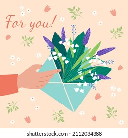 For you Vector bouquet lilies of the valley in the envelope, blue and purple flowers isolated on a background. March 8 Valentine's Day