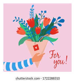 For You! Vector illustration for a cover, poster or card for the holiday. Drawing of hands holding a bouquet of flowers, a holiday gift
