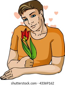 You want, I will be your Valentine? The sitting young guy with a flower in a hand