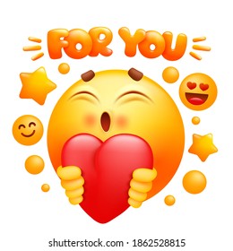 For you web sticker. Yellow emoji cartoon character holding red heart. Emoticon smile face. Vector illustration
