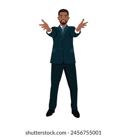 You are welcome! Cheerful black business man gesturing welcome sign and smiling amazed. Flat vector illustration isolated on white background