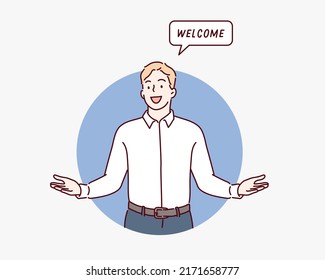 You Are Welcome! Cheerful Business Man Gesturing Welcome Sign And Smiling While Standing Against Blue Wall. Hand Drawn Style Vector Design Illustrations.