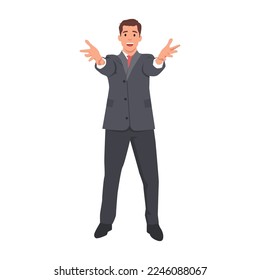 You are welcome! Cheerful business man gesturing welcome sign and smiling amazed. Flat vector illustration isolated on white background