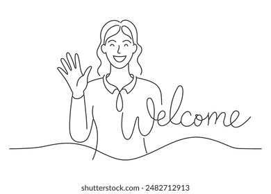 You are welcome! Cheerful woman gesturing welcome hand writing, continuous line art vector illustration on white background