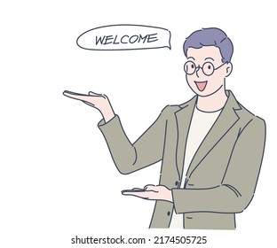 You are welcome! Happy businessman gesturing welcome sign. Hand drawn in thin line style, vector illustrations.