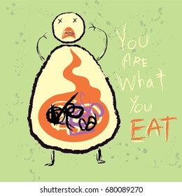 you are what you eat concept vector illustration with copy text, fat human body shape with  showing inside stomach with full of bad junk food in abstract 
