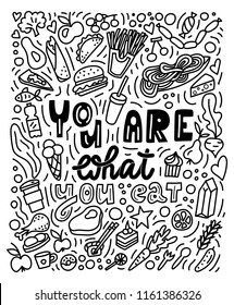 You are what you eat. Hand drawn doddles poster. Stock vector