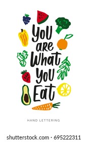 You are what you eat. The healthy food concept design for print and web projects. Doodles, modern hand lettering, outlined illustrations. 