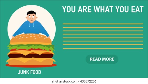 You are what you eat illustration, young fat guy ate too much burgers and lost health, flat banner