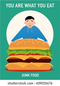 You Are What You Eat Illustration, Young Fat Guy Ate Too Much Burgers And Lost Health, Junk Food