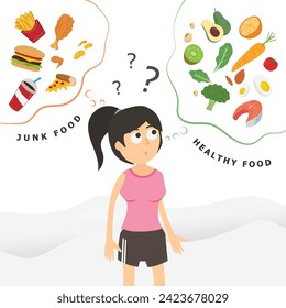 You are what you eat. Woman standing seeing choose between healthy food and junk food. Vector illustration flat style.