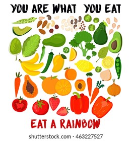 You Are What You Eat-Eat A Rainbow. Bright concept card with  different healthy fruits and vegetables- stock vector