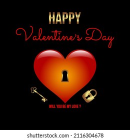 You will be my love. Valentine's day banner with red heart and golden lock and key on black background	