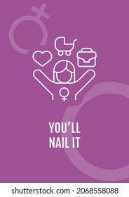 You will nail it postcard with linear glyph icon. International womens day. Greeting card with decorative vector design. Simple style poster with creative lineart illustration. Flyer with holiday wish