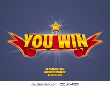 you win banner with ribbon and star text effect for video games