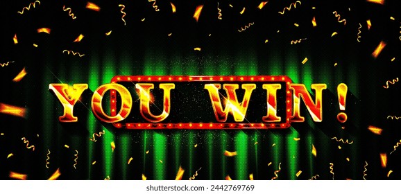 You win banner. Winner congratulations frame, golden win congratulating framed sign and winning gold confetti. Surprise winning, achievement or prize gift notification poster vector