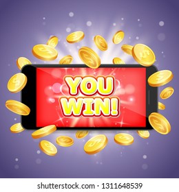 You win casino vector poster banner design template. Smart phone with dollar coins. Mobile gambling winner concept.