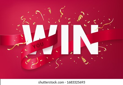 You win celebrating banner template with text, red ribbon and sparkles golden confetti and serpentine on red background. Realistic 3d style. Vector illustration. - Shutterstock ID 1683325693